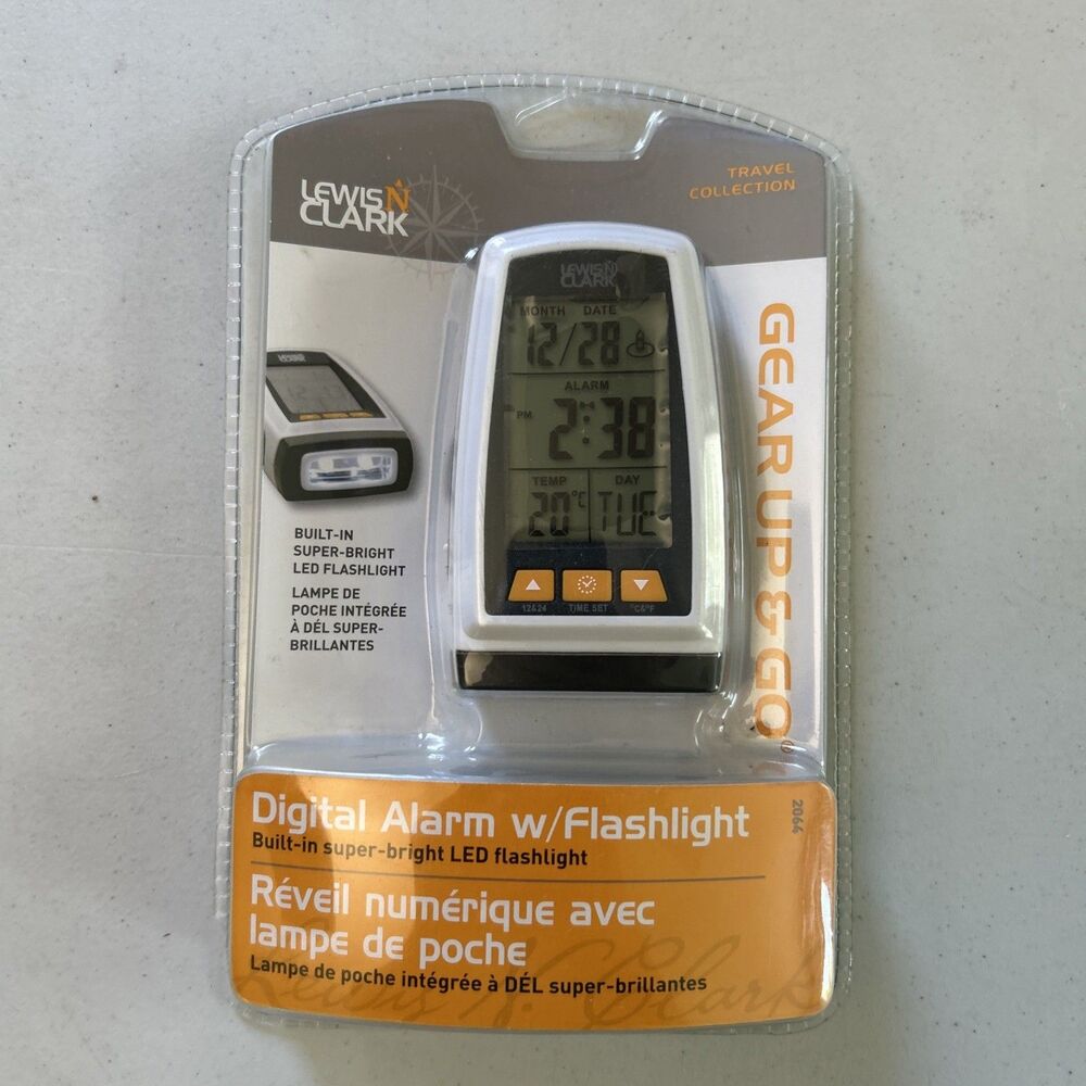 Lewis N. Clark White LED Digital Flashlight Travel Alarm Clock Thermometer NEW